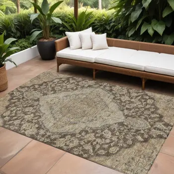 10' X 14' Chocolate Beige And Gray Oriental Washable Indoor Outdoor Area Rug