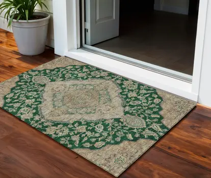 3' X 5' Emerald Beige And Brown Oriental Washable Indoor Outdoor Area Rug