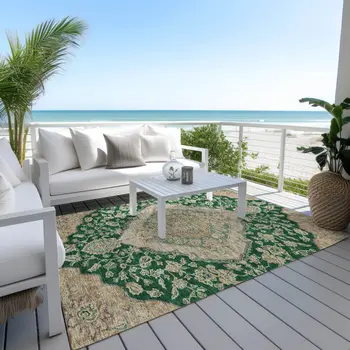 3' X 5' Emerald Beige And Brown Oriental Washable Indoor Outdoor Area Rug
