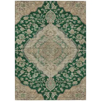 3' X 5' Emerald Beige And Brown Oriental Washable Indoor Outdoor Area Rug