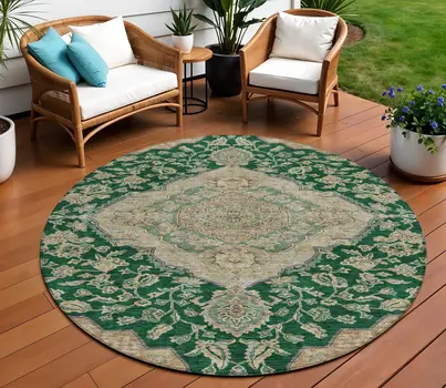 8' Emerald Beige And Brown Round Oriental Washable Indoor Outdoor Area Rug