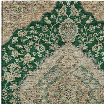 9' X 12' Emerald Beige And Brown Oriental Washable Indoor Outdoor Area Rug