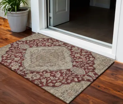 3' X 5' Red Beige And Brown Oriental Washable Indoor Outdoor Area Rug