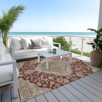 3' X 5' Red Beige And Brown Oriental Washable Indoor Outdoor Area Rug