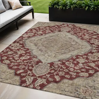 5' X 8' Red Beige And Brown Oriental Washable Indoor Outdoor Area Rug