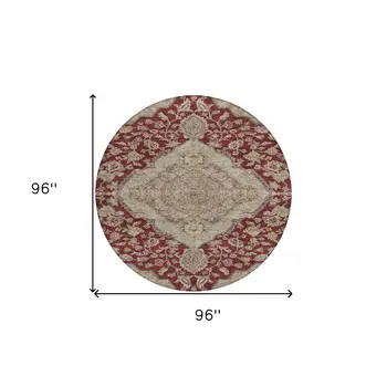 8' Red Beige And Brown Round Oriental Washable Indoor Outdoor Area Rug