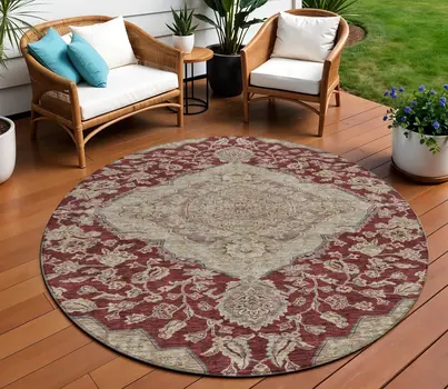 8' Red Beige And Brown Round Oriental Washable Indoor Outdoor Area Rug