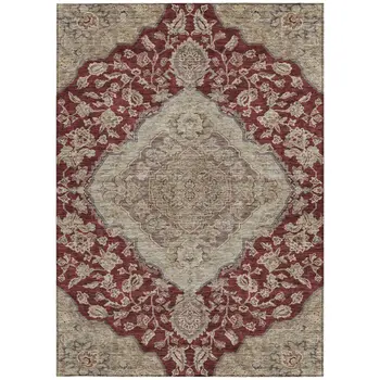 8' X 10' Red Beige And Brown Oriental Washable Indoor Outdoor Area Rug