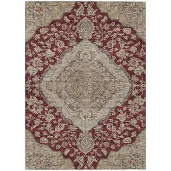 8' X 10' Red Beige And Brown Oriental Washable Indoor Outdoor Area Rug