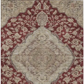 8' X 10' Red Beige And Brown Oriental Washable Indoor Outdoor Area Rug