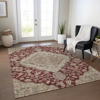 10' X 14' Red Beige And Brown Oriental Washable Indoor Outdoor Area Rug