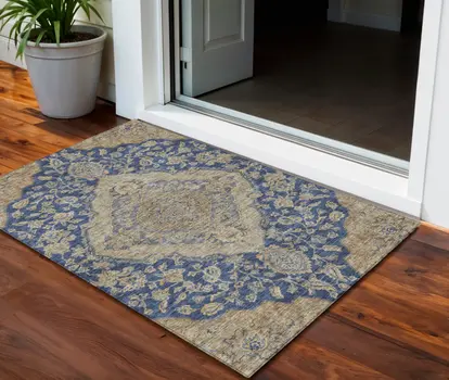 3' X 5' Navy Blue Beige And Brown Oriental Washable Indoor Outdoor Area Rug