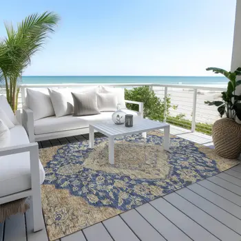 3' X 5' Navy Blue Beige And Brown Oriental Washable Indoor Outdoor Area Rug