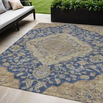 5' X 8' Navy Blue Beige And Brown Oriental Washable Indoor Outdoor Area Rug