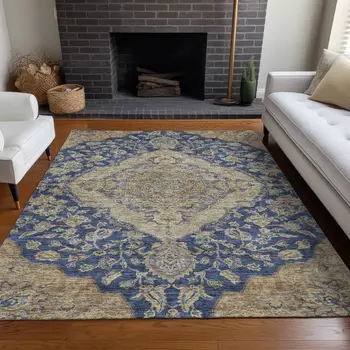 5' X 8' Navy Blue Beige And Brown Oriental Washable Indoor Outdoor Area Rug