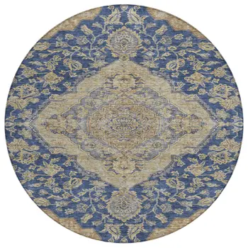 8' Navy Blue Beige And Brown Round Oriental Washable Indoor Outdoor Area Rug