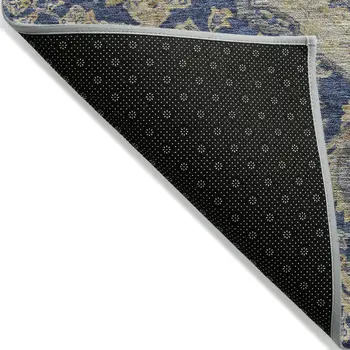 8' Navy Blue Beige And Brown Round Oriental Washable Indoor Outdoor Area Rug