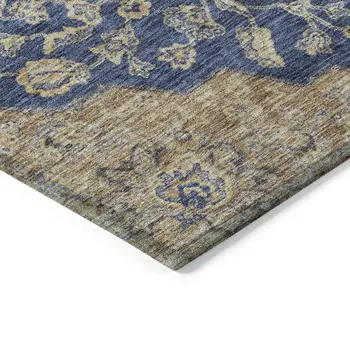 8' Navy Blue Beige And Brown Round Oriental Washable Indoor Outdoor Area Rug