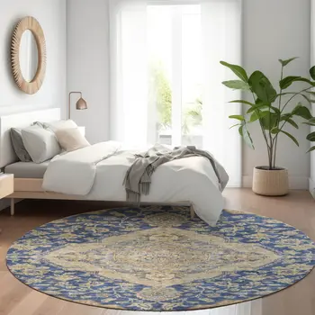 8' Navy Blue Beige And Brown Round Oriental Washable Indoor Outdoor Area Rug