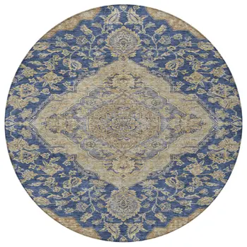 8' Navy Blue Beige And Brown Round Oriental Washable Indoor Outdoor Area Rug