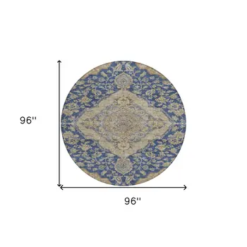 8' Navy Blue Beige And Brown Round Oriental Washable Indoor Outdoor Area Rug
