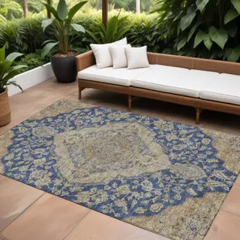 8' X 10' Navy Blue Beige And Brown Oriental Washable Indoor Outdoor Area Rug