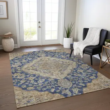 8' X 10' Navy Blue Beige And Brown Oriental Washable Indoor Outdoor Area Rug