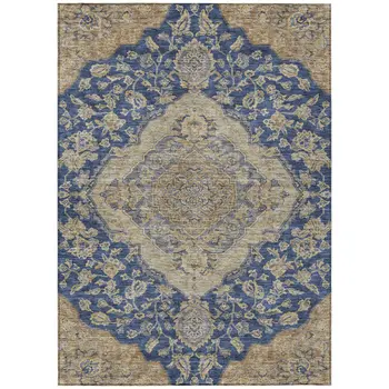 9' X 12' Navy Blue Beige And Brown Oriental Washable Indoor Outdoor Area Rug