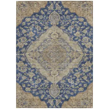 10' X 14' Navy Blue Beige And Brown Oriental Washable Indoor Outdoor Area Rug