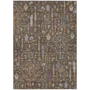 5' X 8' Brown Purple And Blue Floral Washable Indoor Outdoor Area Rug