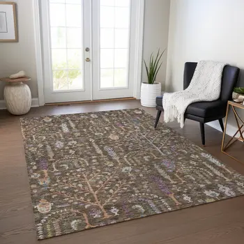 5' X 8' Brown Purple And Blue Floral Washable Indoor Outdoor Area Rug