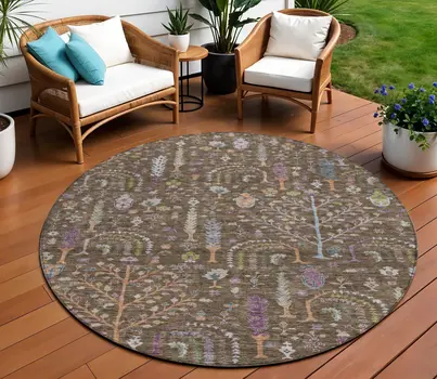 8' Brown Purple And Blue Round Floral Washable Indoor Outdoor Area Rug