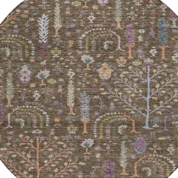 8' Brown Purple And Blue Round Floral Washable Indoor Outdoor Area Rug