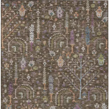 10' X 14' Brown Purple And Blue Floral Washable Indoor Outdoor Area Rug