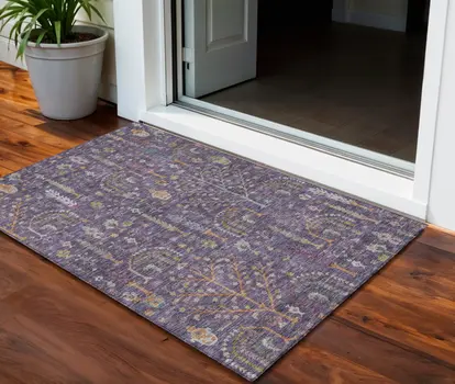 3' X 5' Eggplant Terra Cotta And Green Floral Washable Indoor Outdoor Area Rug