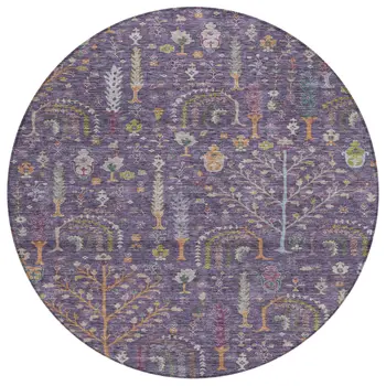 8' Eggplant Terra Cotta And Green Round Floral Washable Indoor Outdoor Area Rug