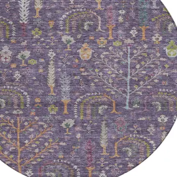 8' Eggplant Terra Cotta And Green Round Floral Washable Indoor Outdoor Area Rug