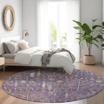 8' Eggplant Terra Cotta And Green Round Floral Washable Indoor Outdoor Area Rug