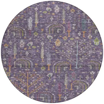 8' Eggplant Terra Cotta And Green Round Floral Washable Indoor Outdoor Area Rug