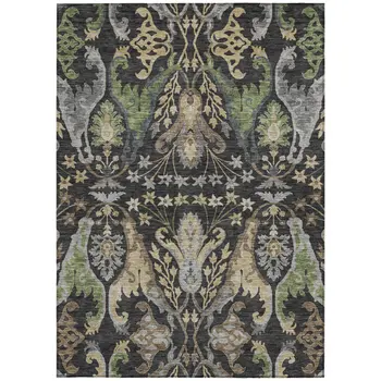 5' X 8' Black Green And Brown Floral Washable Indoor Outdoor Area Rug