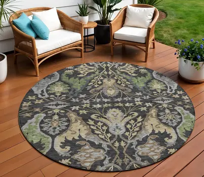 8' Black Green And Brown Round Floral Washable Indoor Outdoor Area Rug