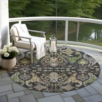 8' Black Green And Brown Round Floral Washable Indoor Outdoor Area Rug