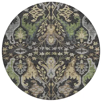 8' Black Green And Brown Round Floral Washable Indoor Outdoor Area Rug