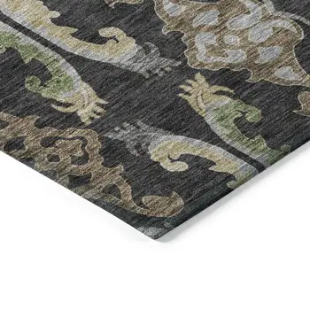 8' Black Green And Brown Round Floral Washable Indoor Outdoor Area Rug