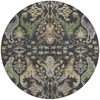 8' Black Green And Brown Round Floral Washable Indoor Outdoor Area Rug