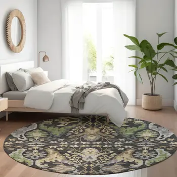 8' Black Green And Brown Round Floral Washable Indoor Outdoor Area Rug