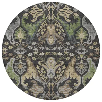 8' Black Green And Brown Round Floral Washable Indoor Outdoor Area Rug