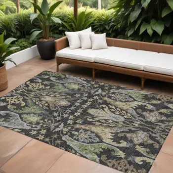 8' X 10' Black Green And Brown Floral Washable Indoor Outdoor Area Rug