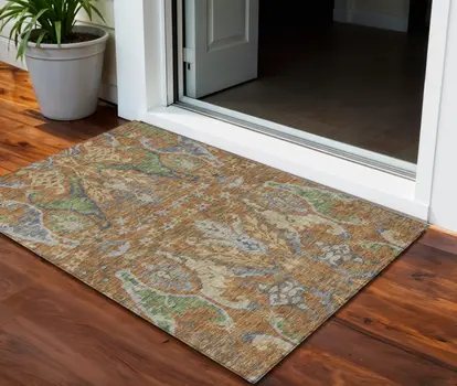 3' X 5' Copper Green And Beige Floral Washable Indoor Outdoor Area Rug