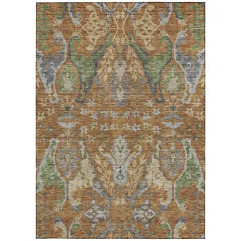 5' X 8' Copper Green And Beige Floral Washable Indoor Outdoor Area Rug